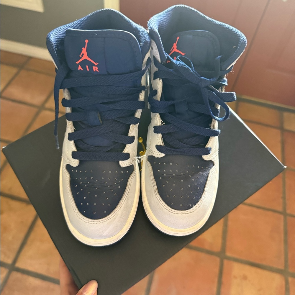 Nike Air Jordan 1 Mid White and Navy Leather Sneakers - Picture 3 of 7